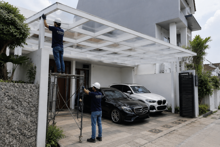 Hasil pengerjaan jasa pembuatan kanopi Alderon untuk perlindungan garasi mobil mewah.