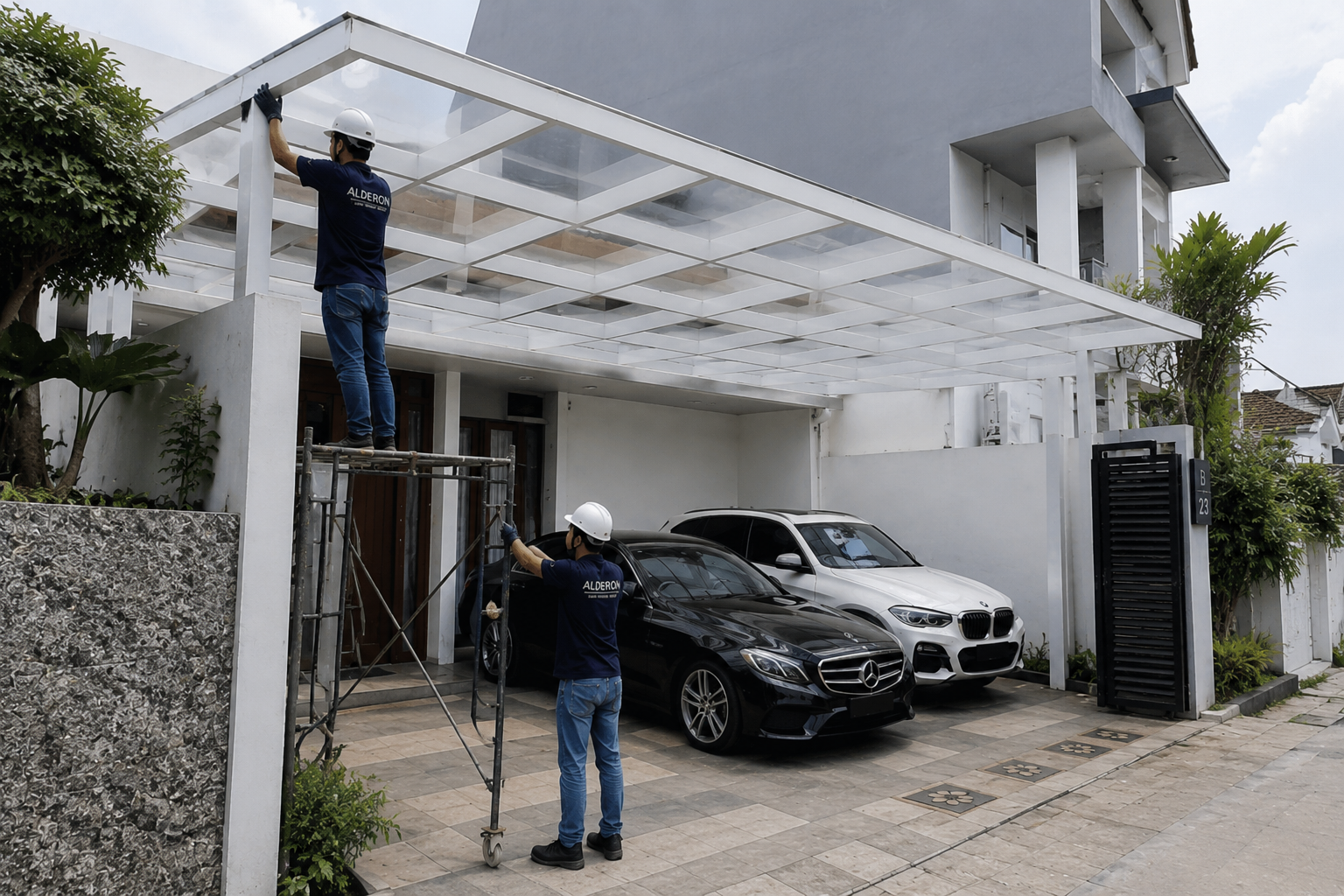Hasil pengerjaan jasa pembuatan kanopi Alderon untuk perlindungan garasi mobil mewah.
