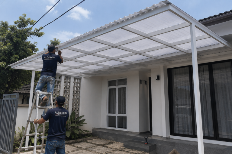 Pemasangan kanopi alderon rangka besi galvanis minimalis sejuk.