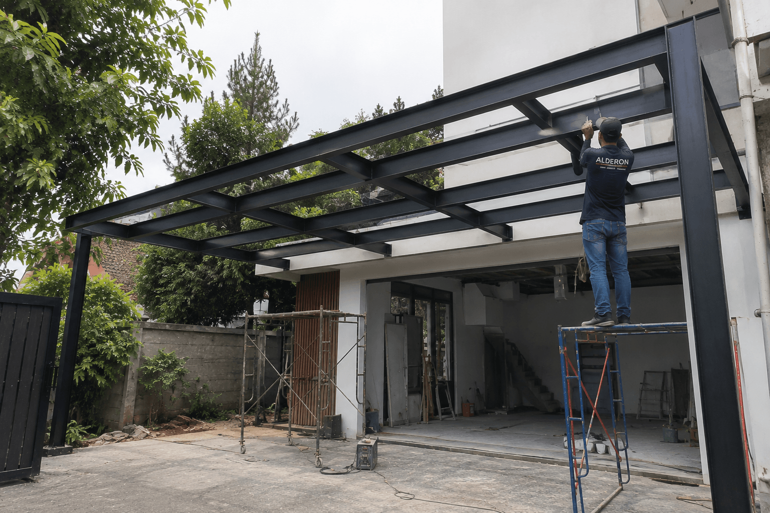 Pemasangan rangka besi hollow oleh tim Jasa Kanopi Solar Tuff profesional.