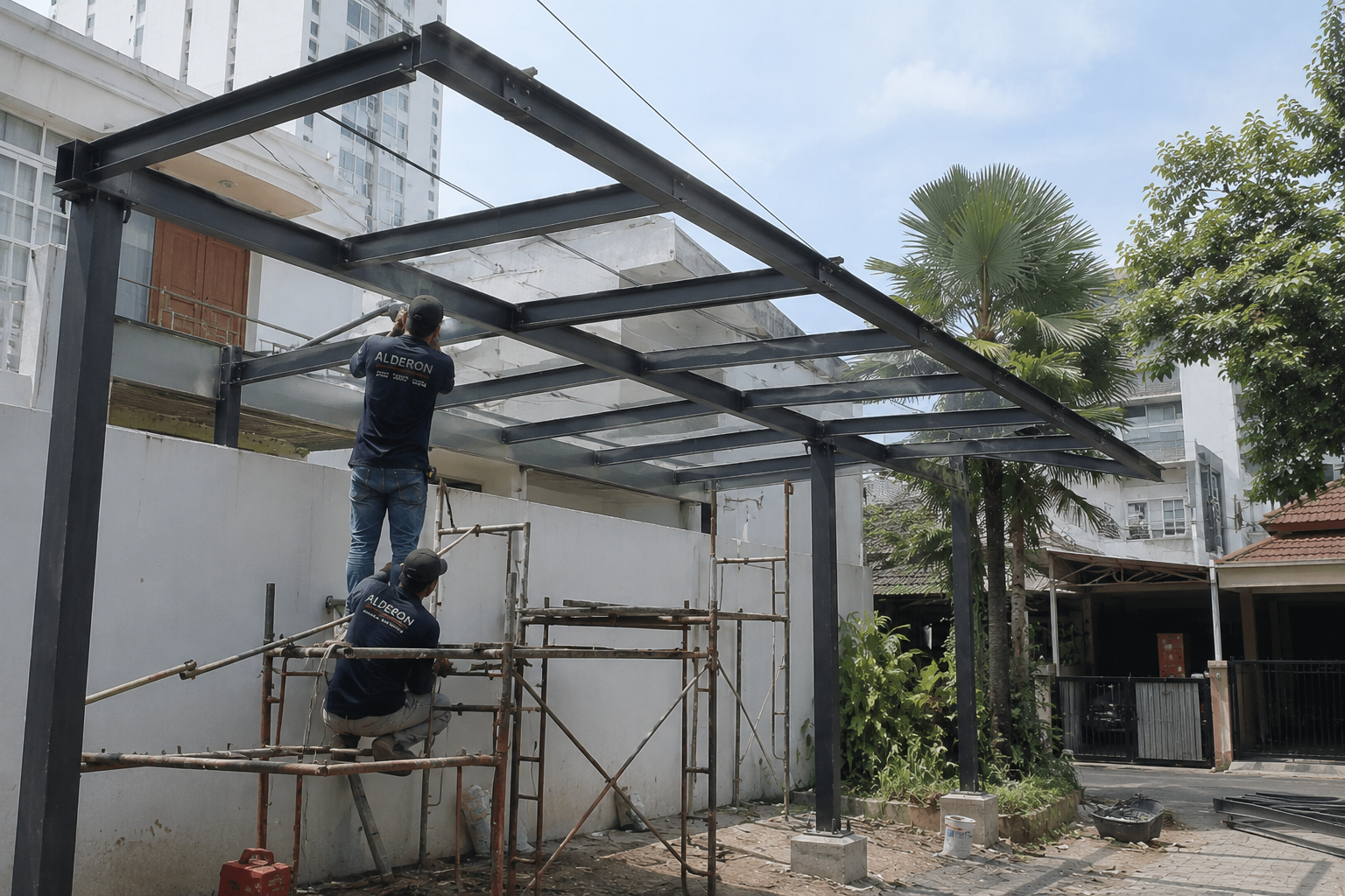 Tim ahli sedang mengelas sambungan baja WF untuk kanopi rumah