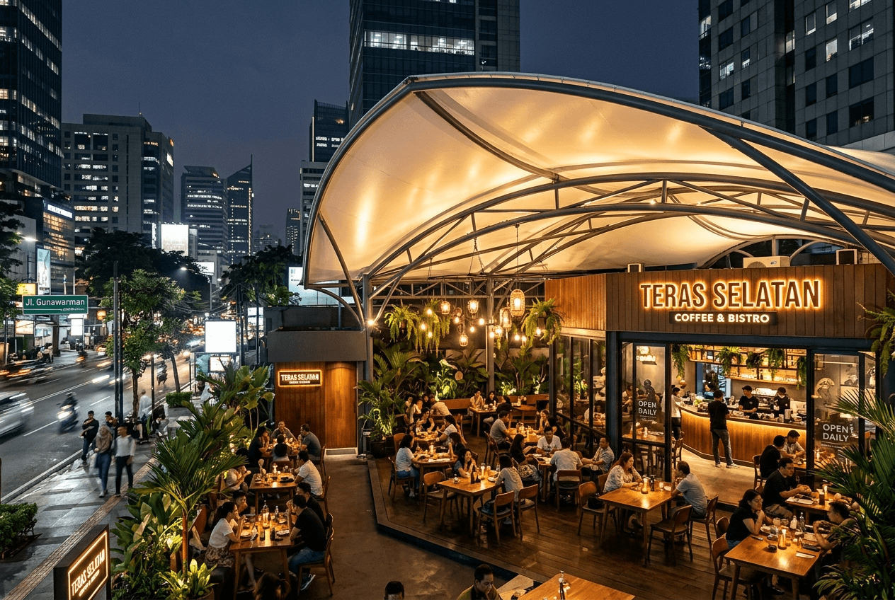 Tampilan luar bangunan kanopi membrane cafe di Jakarta Selatan saat malam hari.