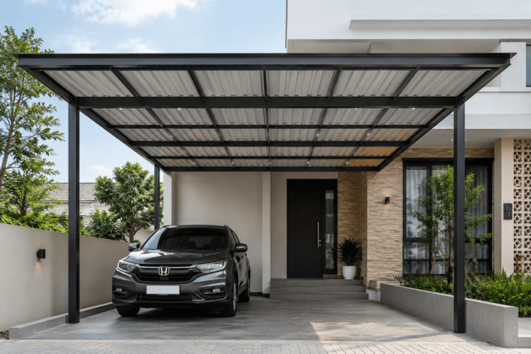 Hasil akhir pemasangan kanopi alderon pada carport rumah