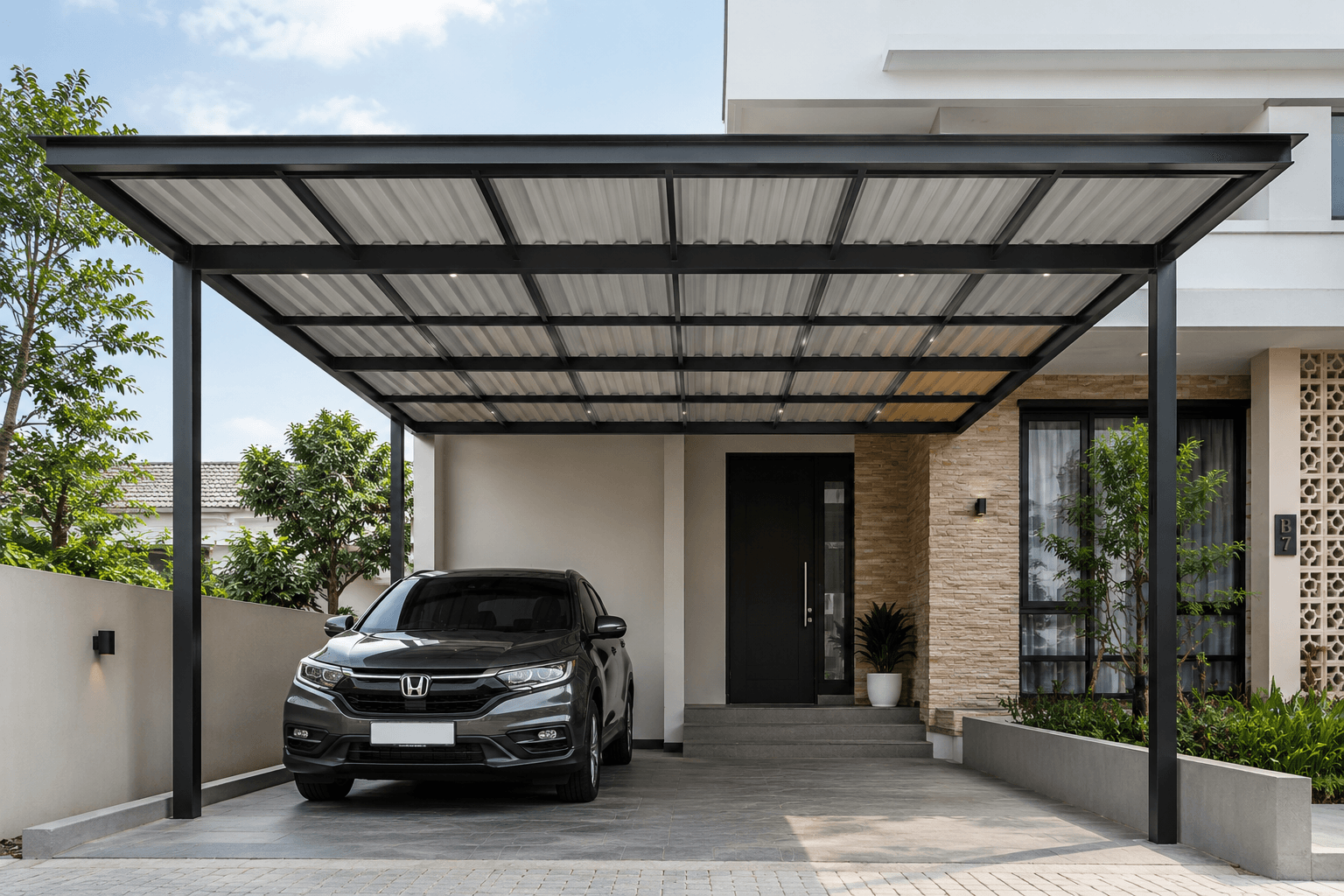 Hasil akhir pemasangan kanopi alderon pada carport rumah