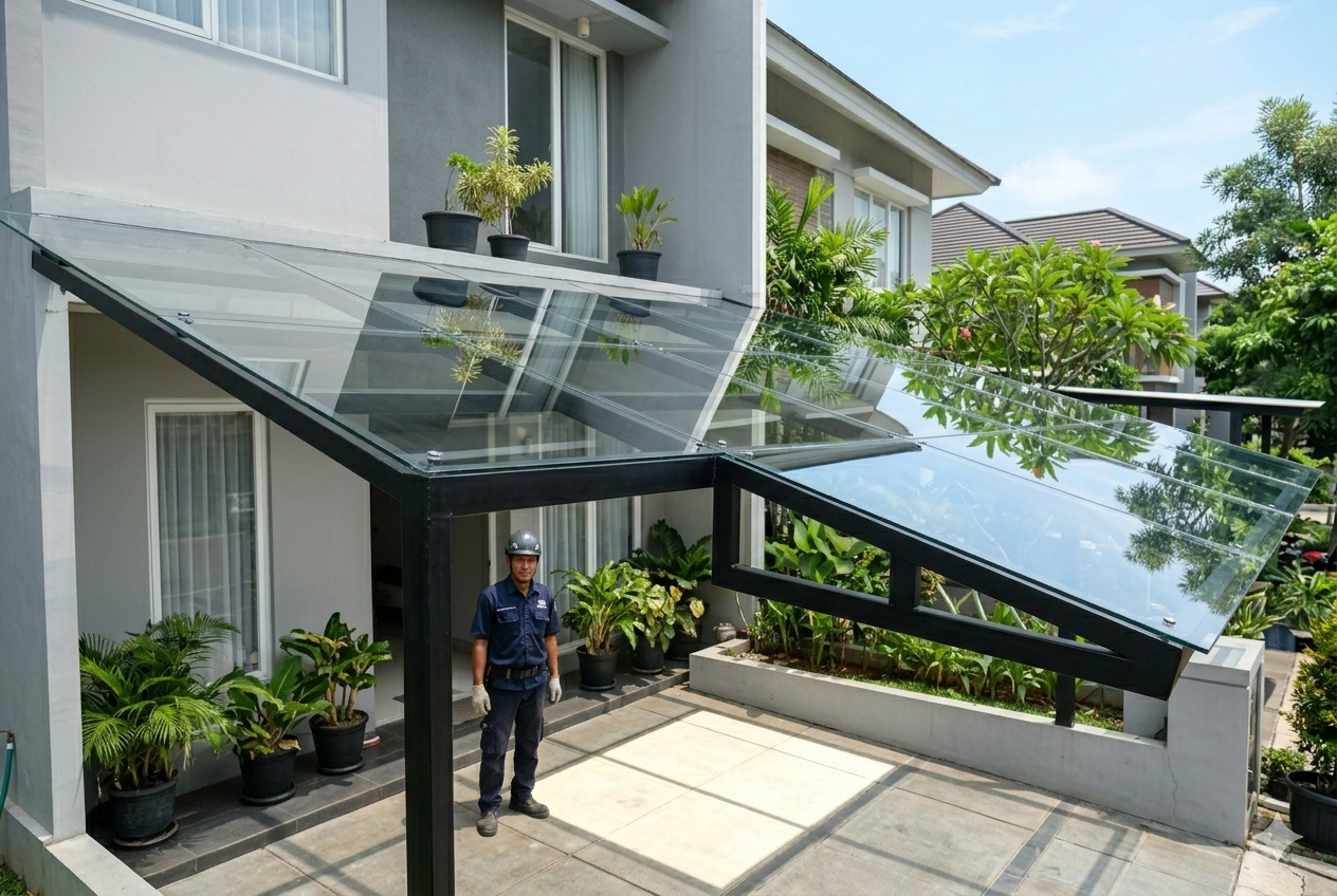 Model kanopi kaca laminated untuk teras rumah