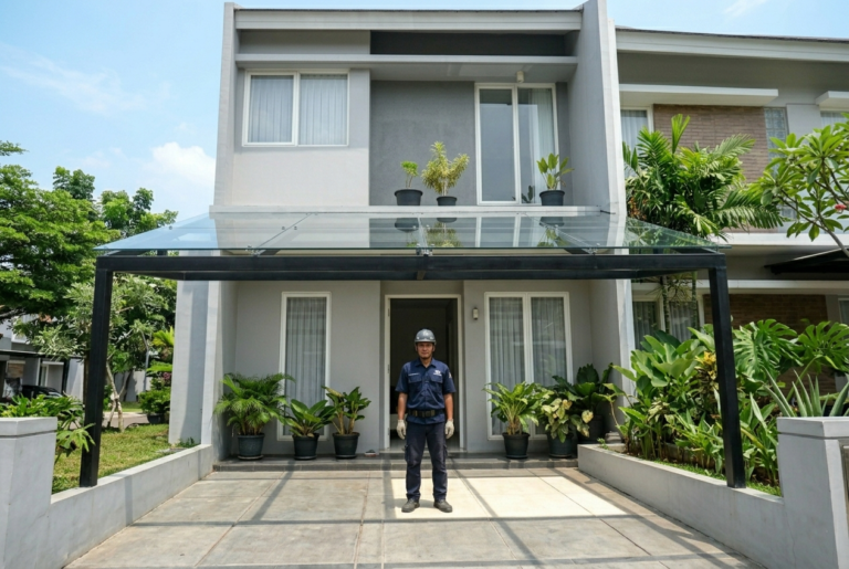 Pemasangan atap kaca laminated transparan teras rumah Jakarta