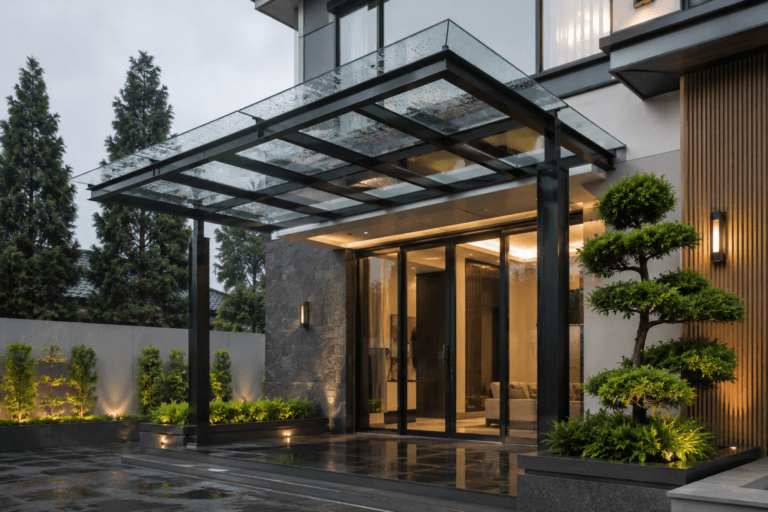 Desain kanopi kaca minimalis modern untuk pelindung teras rumah mewah di Bogor.