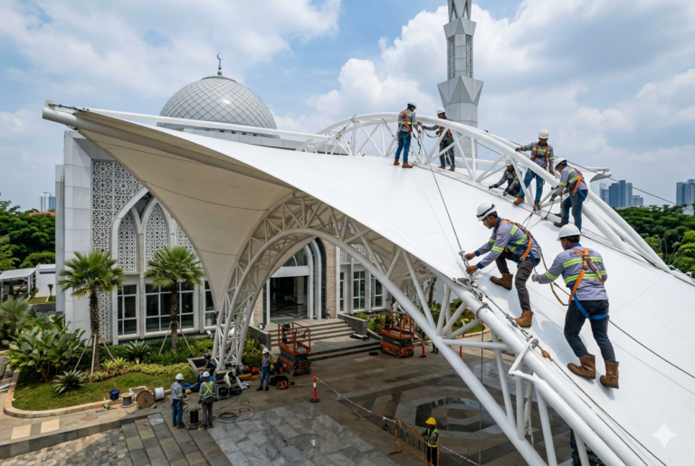 Pemasangan Kanopi Membrane Modern di Jakarta Selatan oleh Tim Profesional