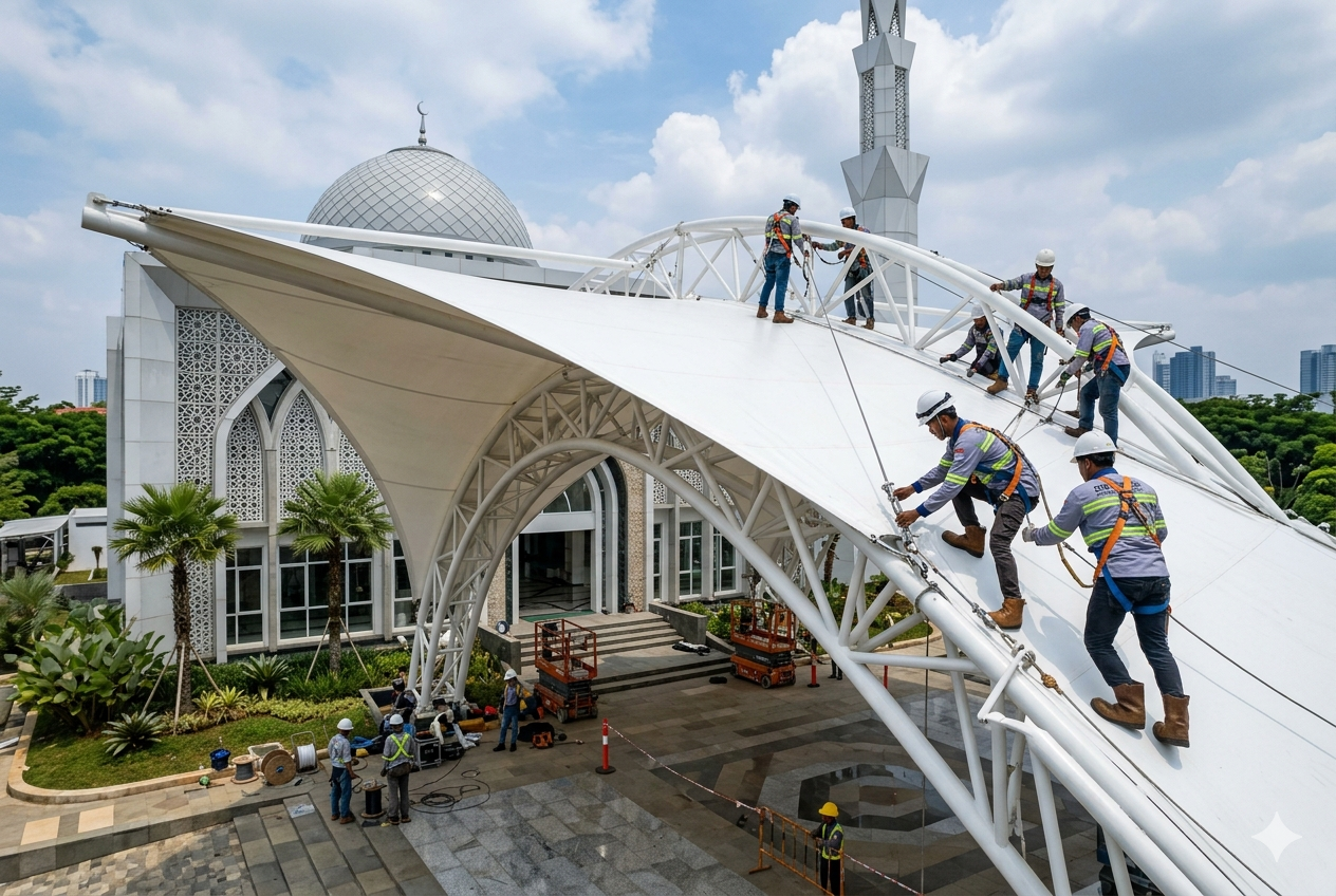 Pemasangan Kanopi Membrane Modern di Jakarta Selatan oleh Tim Profesional