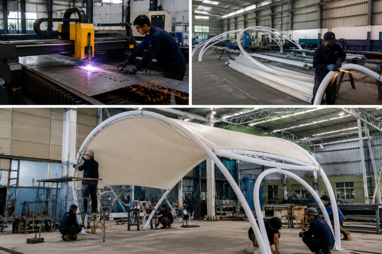 Contoh hasil kerja tukang kanopi membrane profesional dengan desain model payung.