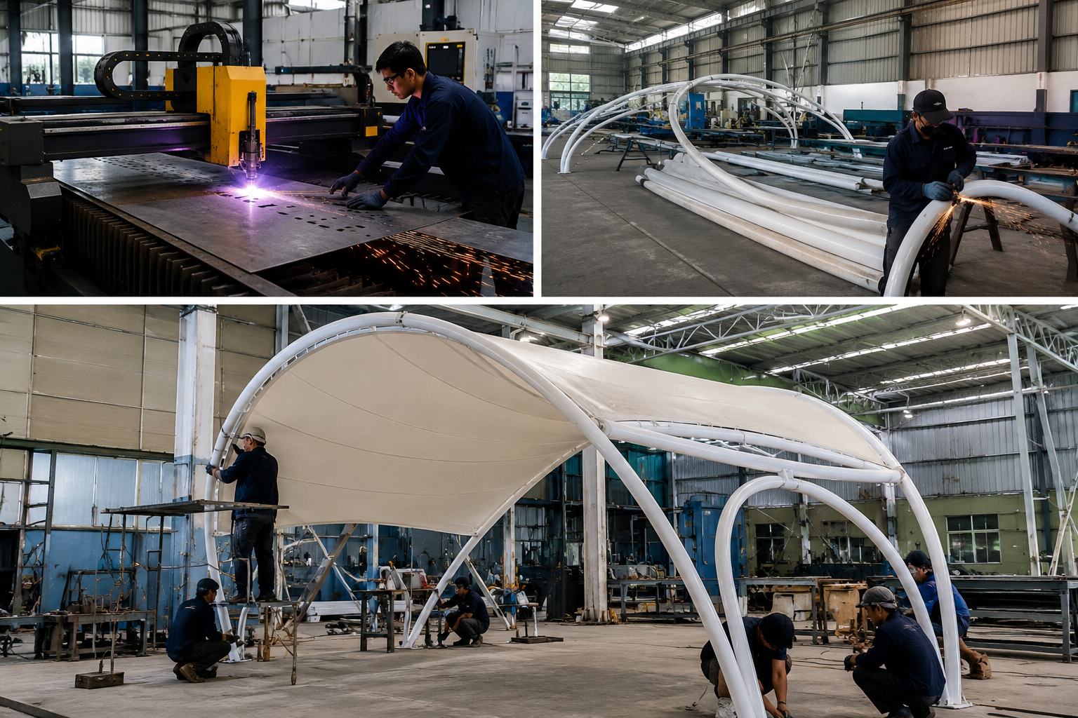 Contoh hasil kerja tukang kanopi membrane profesional dengan desain model payung.