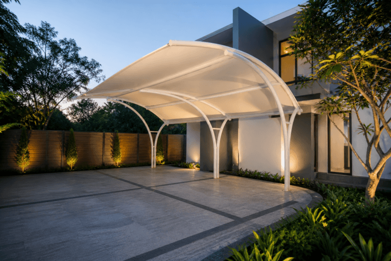 Pemasangan atap membrane modern di teras rumah mewah Bogor.