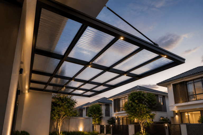 Proses pemasangan kanopi solar tuff oleh teknisi ahli menggunakan peralatan lengkap dan aman.
