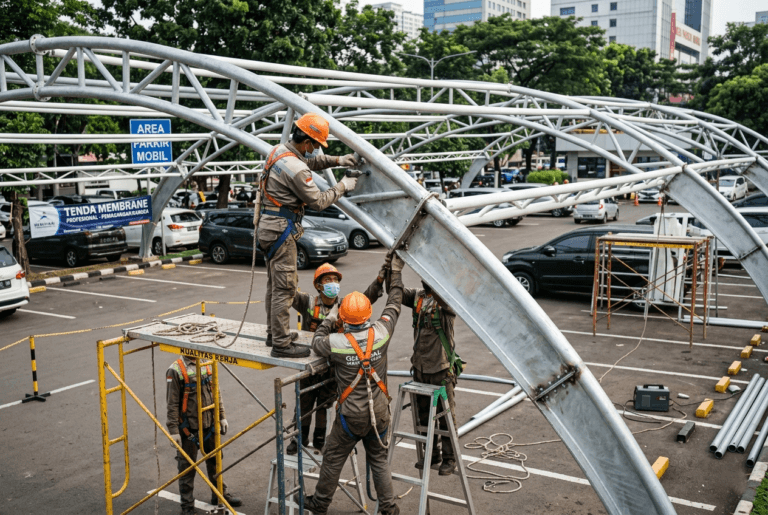 Pemasangan Jasa Kanopi Rangka Baja WF Jakarta pada area parkir perkantoran modern.