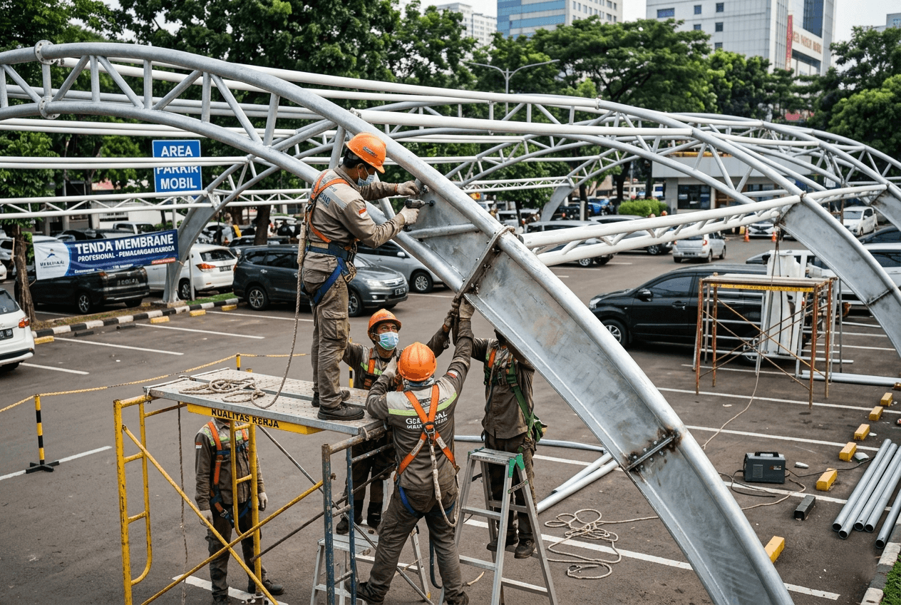 Pemasangan Jasa Kanopi Rangka Baja WF Jakarta pada area parkir perkantoran modern.