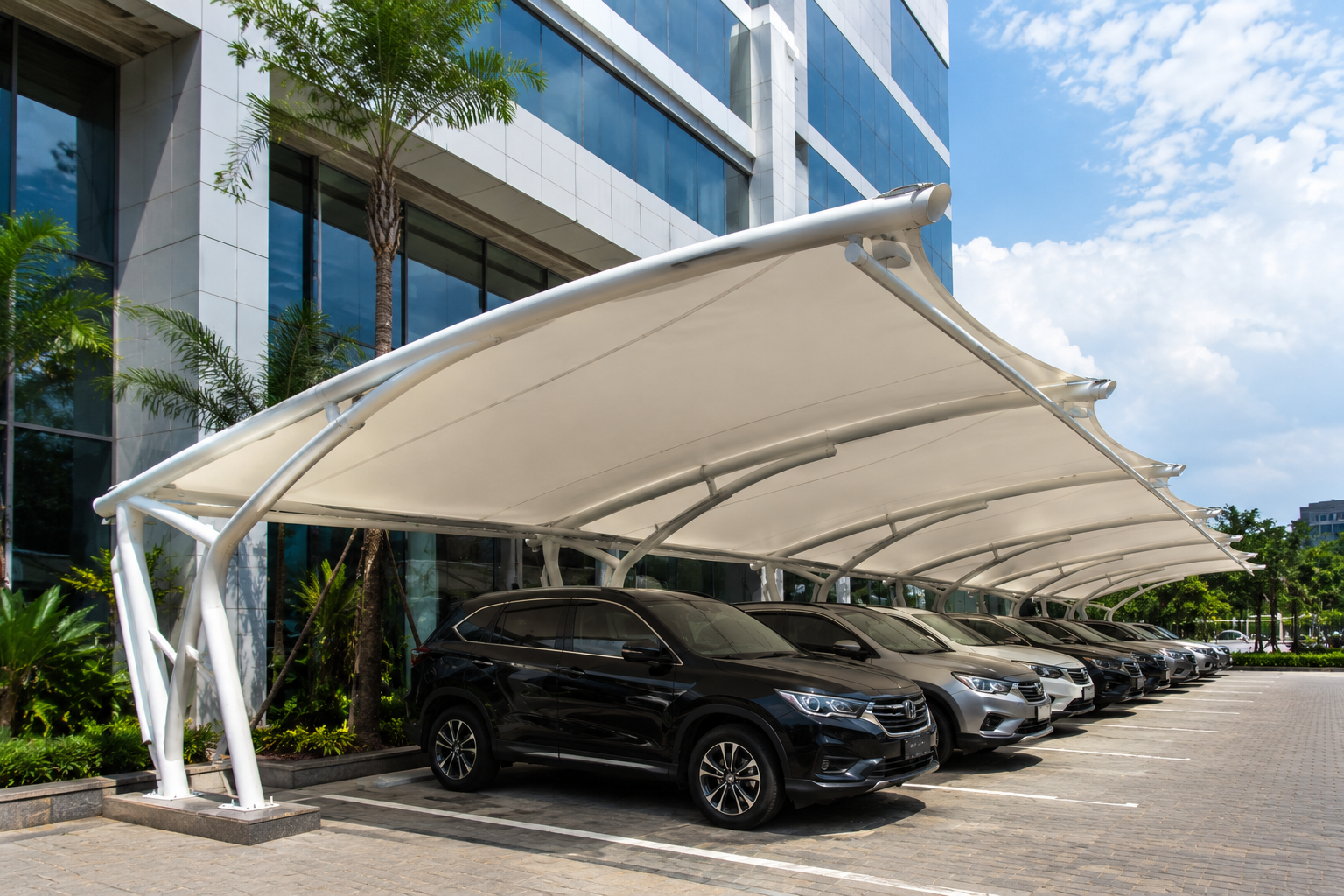Tukang tenda membrane profesional sedang memasang rangka besi kanopi di area parkir.