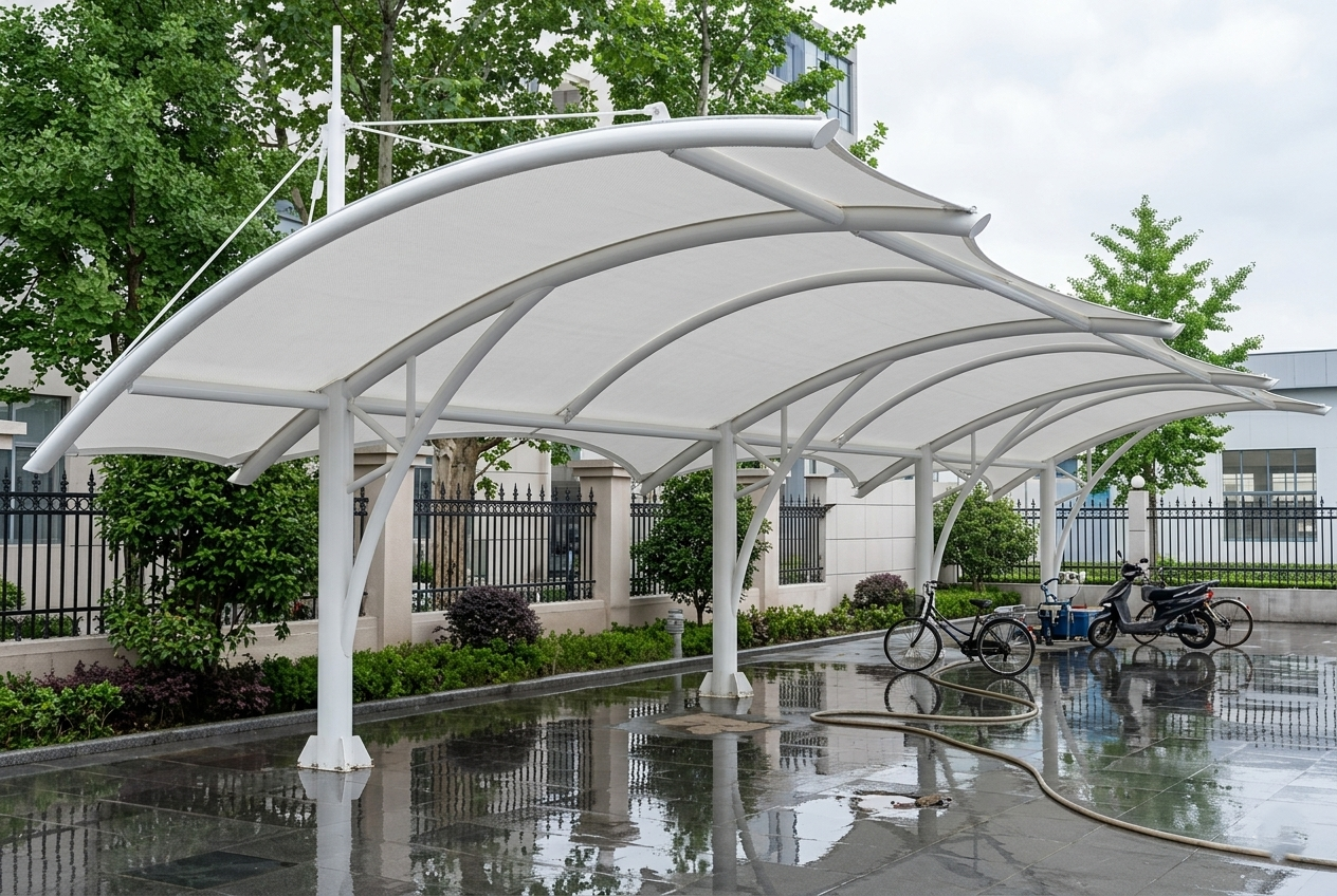 Proses pemasangan rangka baja tenda membrane oleh kontraktor profesional Jakarta.