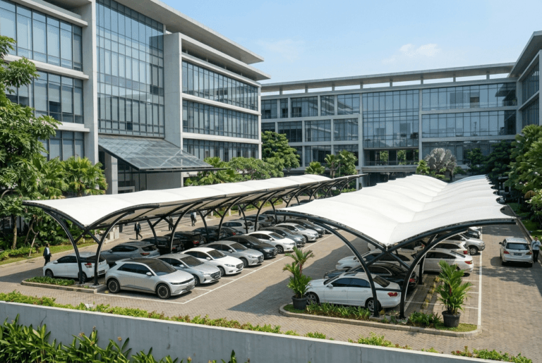 Hasil akhir proyek Pemasangan Tenda Membrane di Jakarta pada gedung perkantoran.
