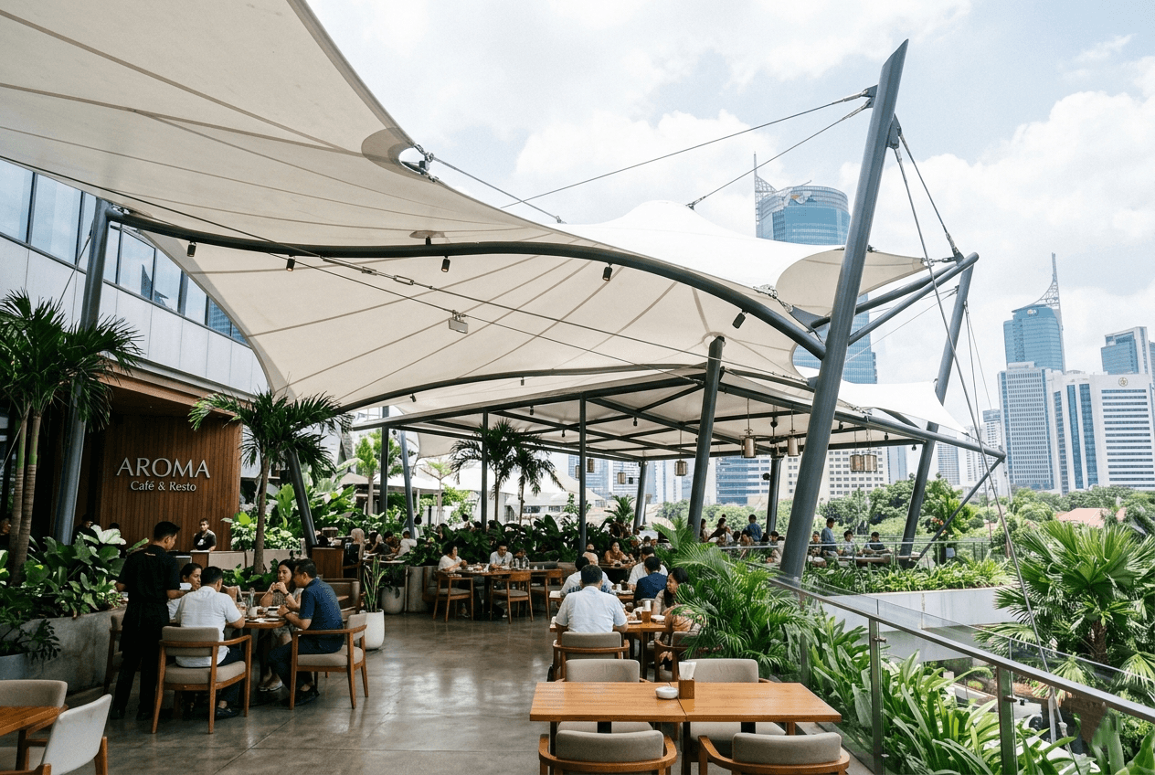 Hasil akhir estetika modern dari layanan kontraktor pemasanga tenda membrane di jakarta untuk kafe dan restoran.