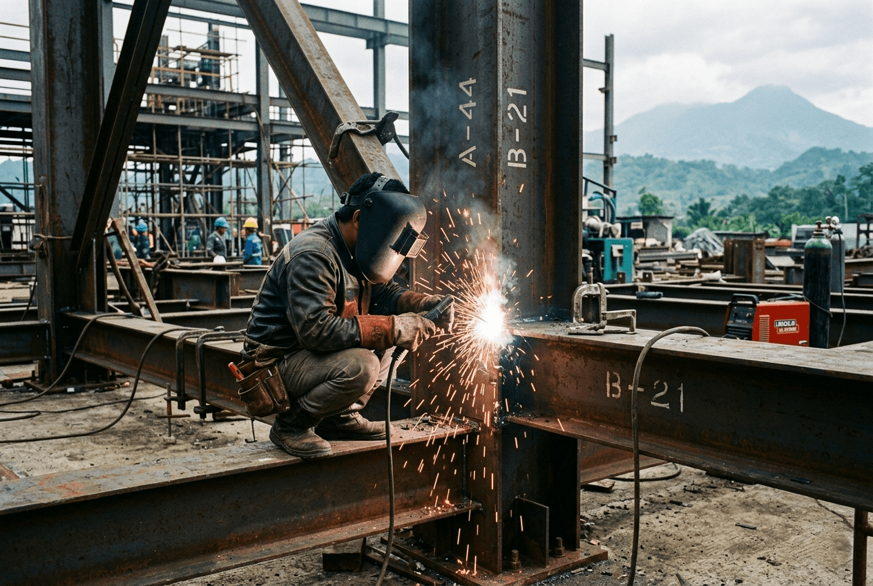 Proses pengelasan struktur baja WF oleh tukang las profesional Bogor.